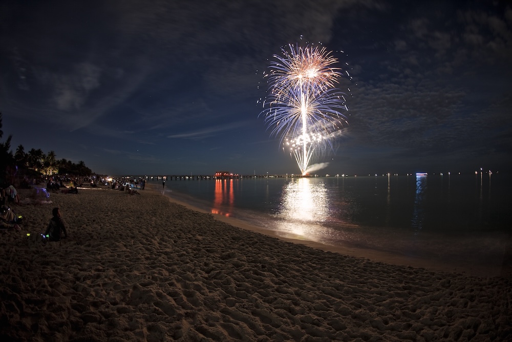 Friends sitting on the beach watching fireworks at night